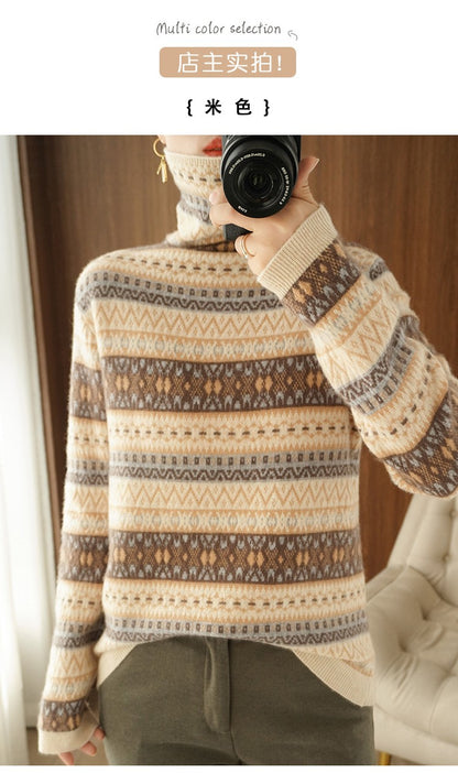 Autumn and Winter New 100% Wool Cashmere Sweater Women's High Neck Pullover Casual Knitted Loose Korean Fashion Color Block Top