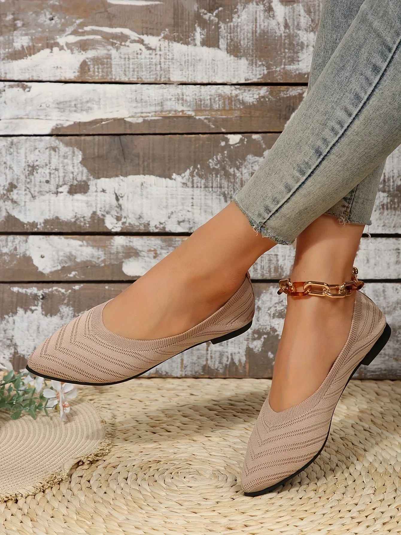 New 2024 Pointed Toe Flat Office Boat Solid Color Knitted Slip on Shoes Casual Ballet Flats Shoes Women Loafers Zapatos De Mujer