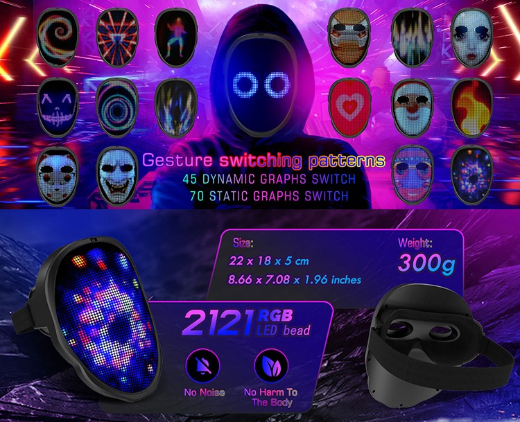 Led Mask with Bluetooth App Control Programmable Face Transforming Light up Halloween Led Mask