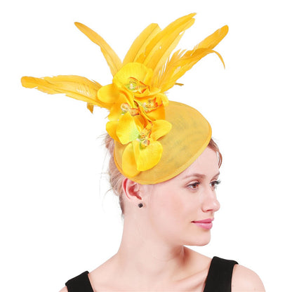 Fascinator Elegante de Lavanda com Flor Amarela Chapéu Derby para Senhora Chapéus de Igreja em Sinamay Fedora de Aba Larga Chapéu para Casamento Festa Vestido XMF320
