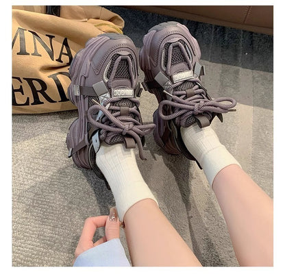 Women's Chunky Sneakers  Breathable Mesh Platform Sports Shoes Woman Fashion Lace Up Thick Sole Casual Shoes Mujer