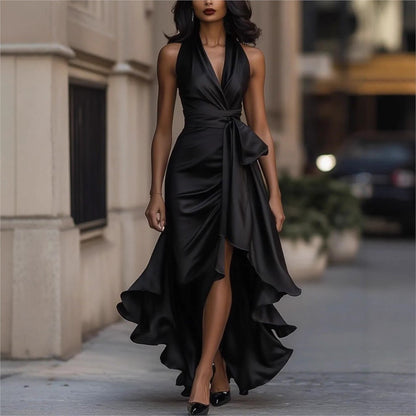 Elegant Women's Evening Rules Ruffled Slit Dress Summer Sexy Deep V Neck Backless Slimming Lady Waist Cinching Lace Up Dreses