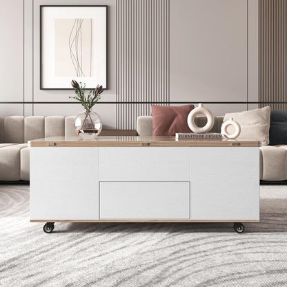 Modern Walnut & White Lift-Top Coffee Table, Multi-Functional with Drawers & Shelves