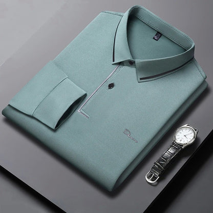 New Men's Business Casual Long Sleeved Shirt with Badge Solid Color Polo Shirt Fashionable Breathable Comfortable Versatile Top