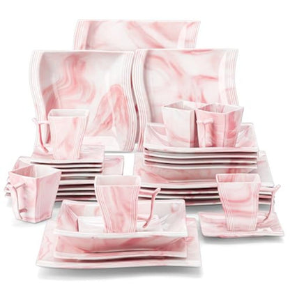 Modern 30Piece Porcelain Dinnerware Set in Pink for 6 People Includes Plates Bowls Cups Saucepans and Square Dishes Elegant Ser