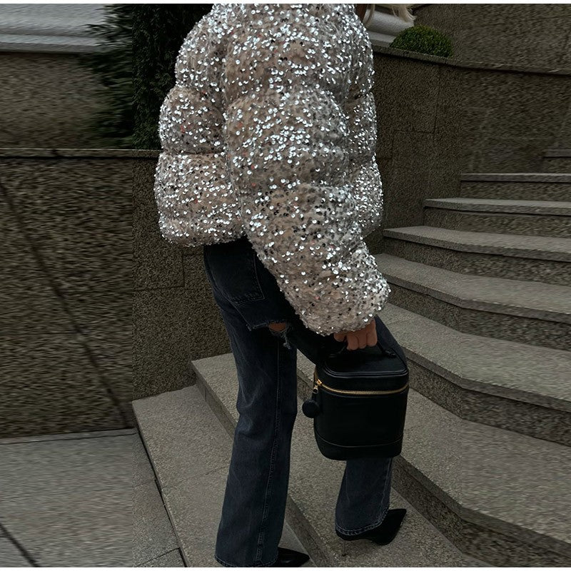 Sparkly Women's Sequin Puffer Jacket Oversize Cropped Stand Collar Zip-Up Party Coat Fashion High Street Female Winter Outerwear