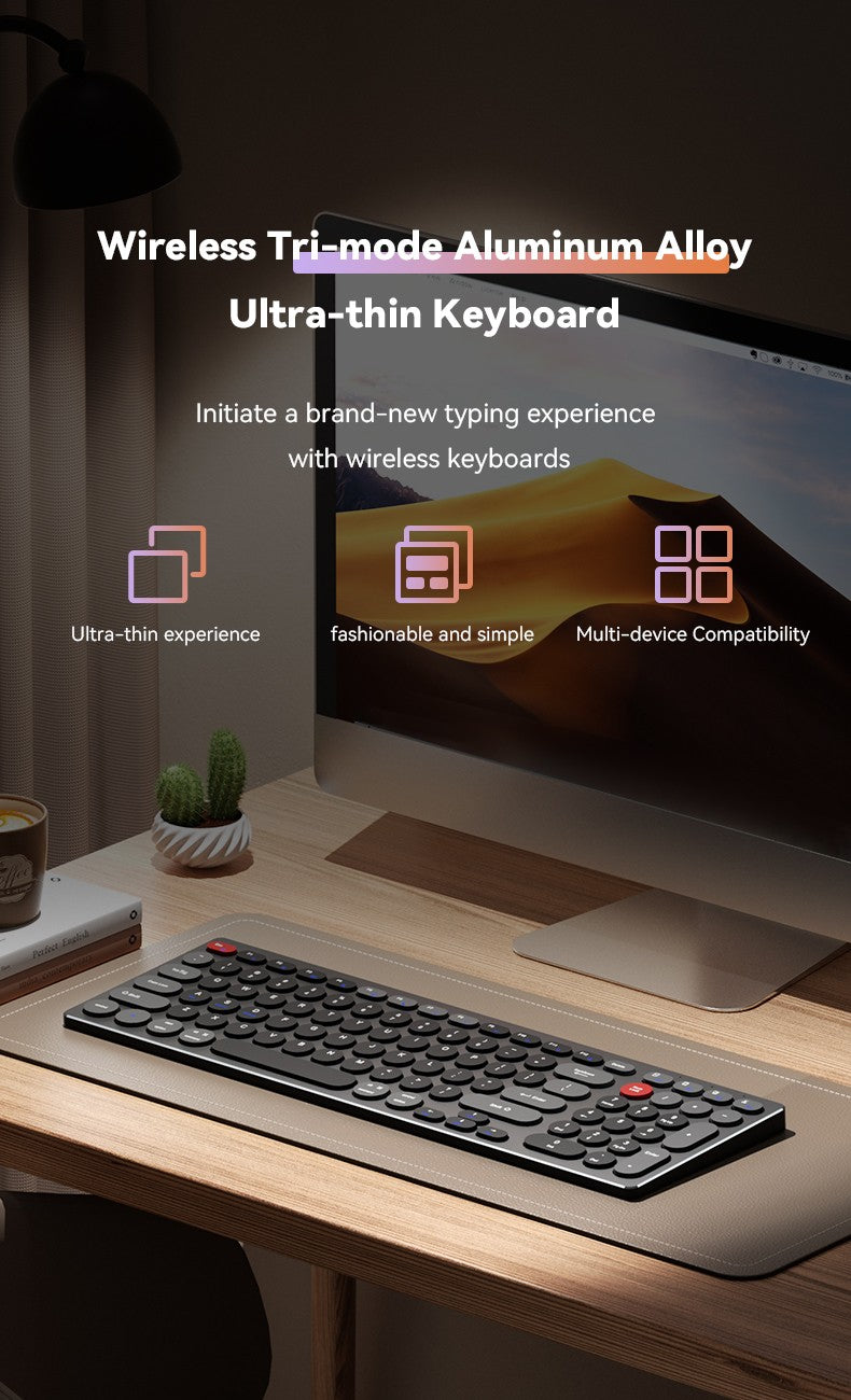 98-Key Ultra-Thin Aluminum Silent Keyboard with Scissor-Switch, Tri-Mode BT/2.4G/Type-C Connectivity&Ergonomic Design for Typing