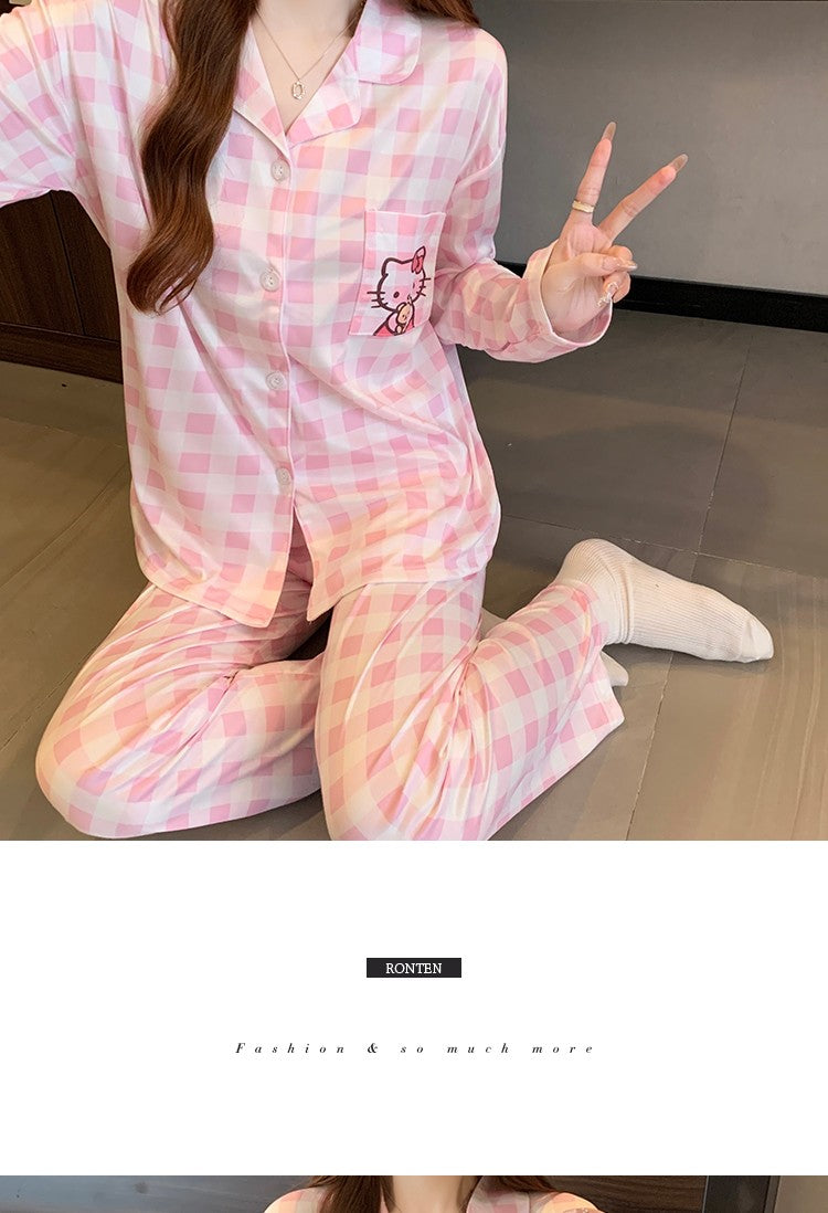 Hello Kitty and Plaid Pajama Set for Women Winter Checked Sleepwear Long Sleeve Home Outfit Autumn Loungewear Korean Fashion