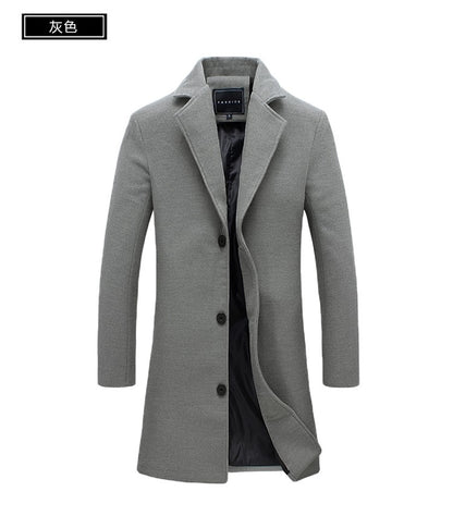 2025 Autumn Winter New Wool Men Long Cotton Coat Blend Pure Color Casual Business Fashion Slim Windbreaker Jacket Men Clothing