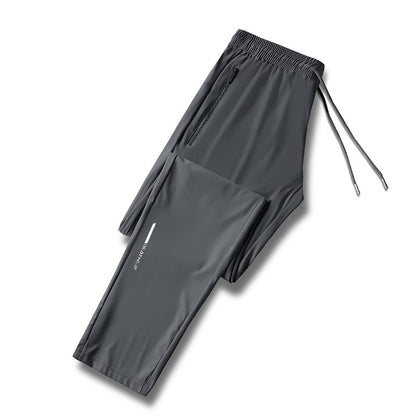 Calça jogging masculina com cordão na cintura, fresca, de secagem rápida e respirável, calça esportiva da moda de alta elasticidade, adequada para fitness