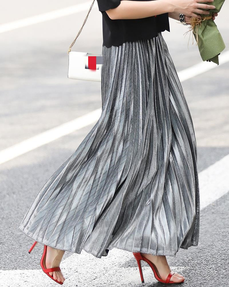 Check Skirt Pleated Maxi Skirt High Waist Harajuku Large Swing Gold Long Skirts For Women  XXL Saias