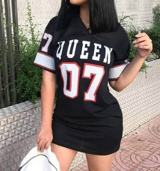 Fashion V-Neck Queen Letters Print Dress Short Sleeve Basketball Sporty Style Sexy Loose Female Clothing Streetwear Loungewear
