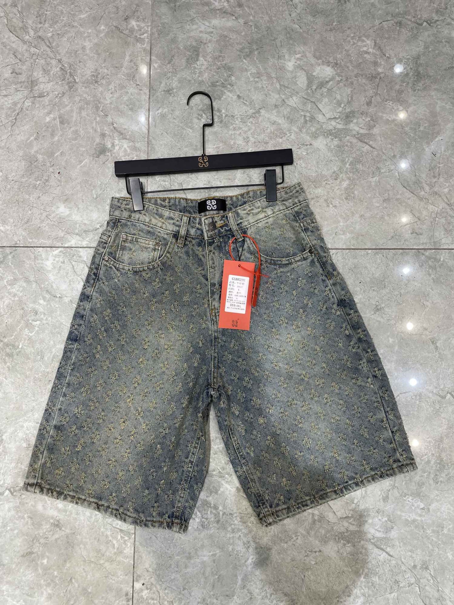 New Summer Men Distressed Short Jeans Vintage Jacquard Straight Leg Men's Denim Shorts Pants