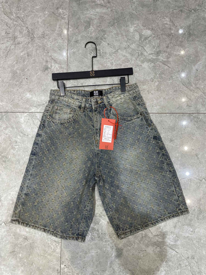 New Summer Men Distressed Short Jeans Vintage Jacquard Straight Leg Men's Denim Shorts Pants