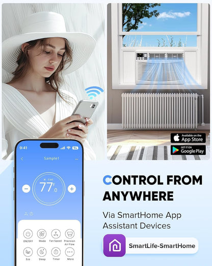 Ar-condicionado de Janela de 8.000 BTUs com WiFi, Ultrassilencioso, Unidade AC 3 em 1, Controle Remoto, Resfriamento com Eficiência Energética para Cômodos de até 32,5 m².