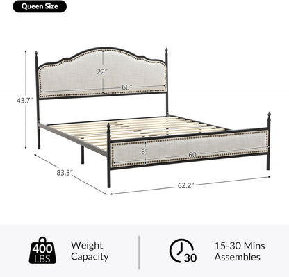 Estrutura de Cama Queen EcoHarbor com Cabeceira, Plataforma de Cama de Metal Estilo Fazenda Estofada em Linho com Estrado de Madeira Reforçado