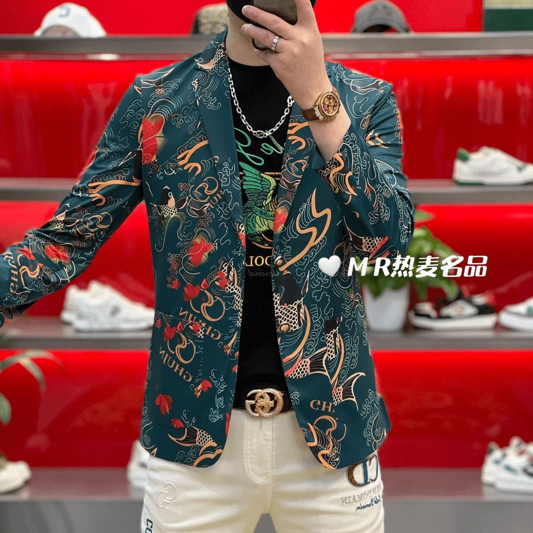 Spring and Summer Suits, Elastic, Luxurious, Koi Men's Slimming, High-end Ironing, Casual, Fashionable and Individual Outerwear