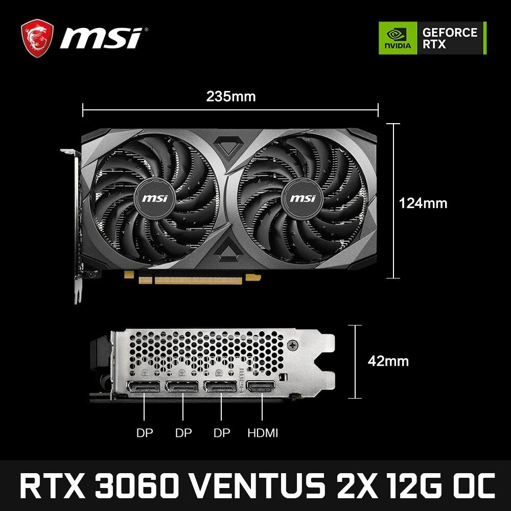 Placa de Vídeo MSI GeForce RTX 3060 VENTUS 2X 12G OC para Jogos 12GB GDDR6 192 bits HDMI DP PCI-E 4.0 8 pinos Desktop Placa de Vídeo Nova