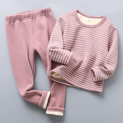 Autumn Winter Boys Girls Plush Striped Clothing Set Kids Cozy and Warm Sleepwear Pajamas Suitable for Children Daily Wear
