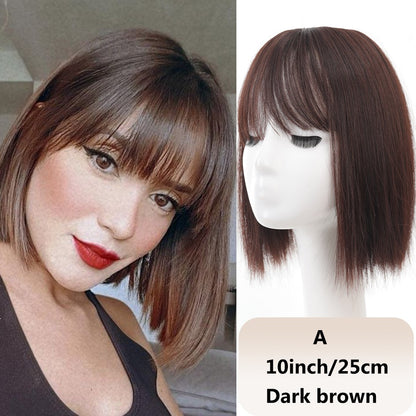 Franja sintética feminina de 25 cm/35 cm, lisa, aplique de cabelo topo, três presilhas, peruca preta/peruca marrom/peruca bege/peruca cáqui