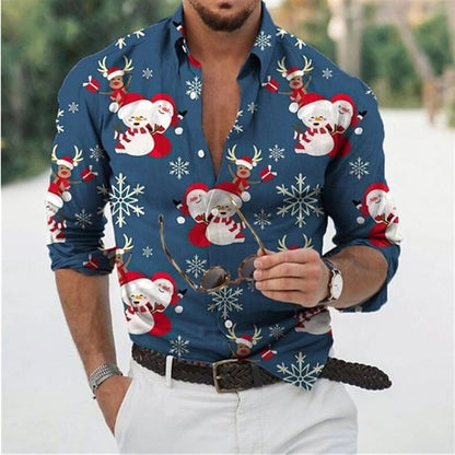 Fun Christmas Snowman Theme 3D Printed Men's Shirts Casual Long Sleeve Streetwear Tops Unisex Holiday Party Hawaiian Shirts
