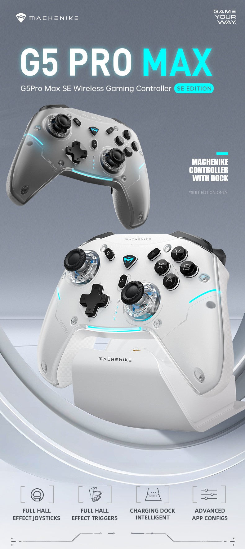 MACHENIKE G5Pro Max SE Gaming Controller With Charging Dock Optional Hall Effect Joysticks Triggers RGB Light Wireless Gamepad