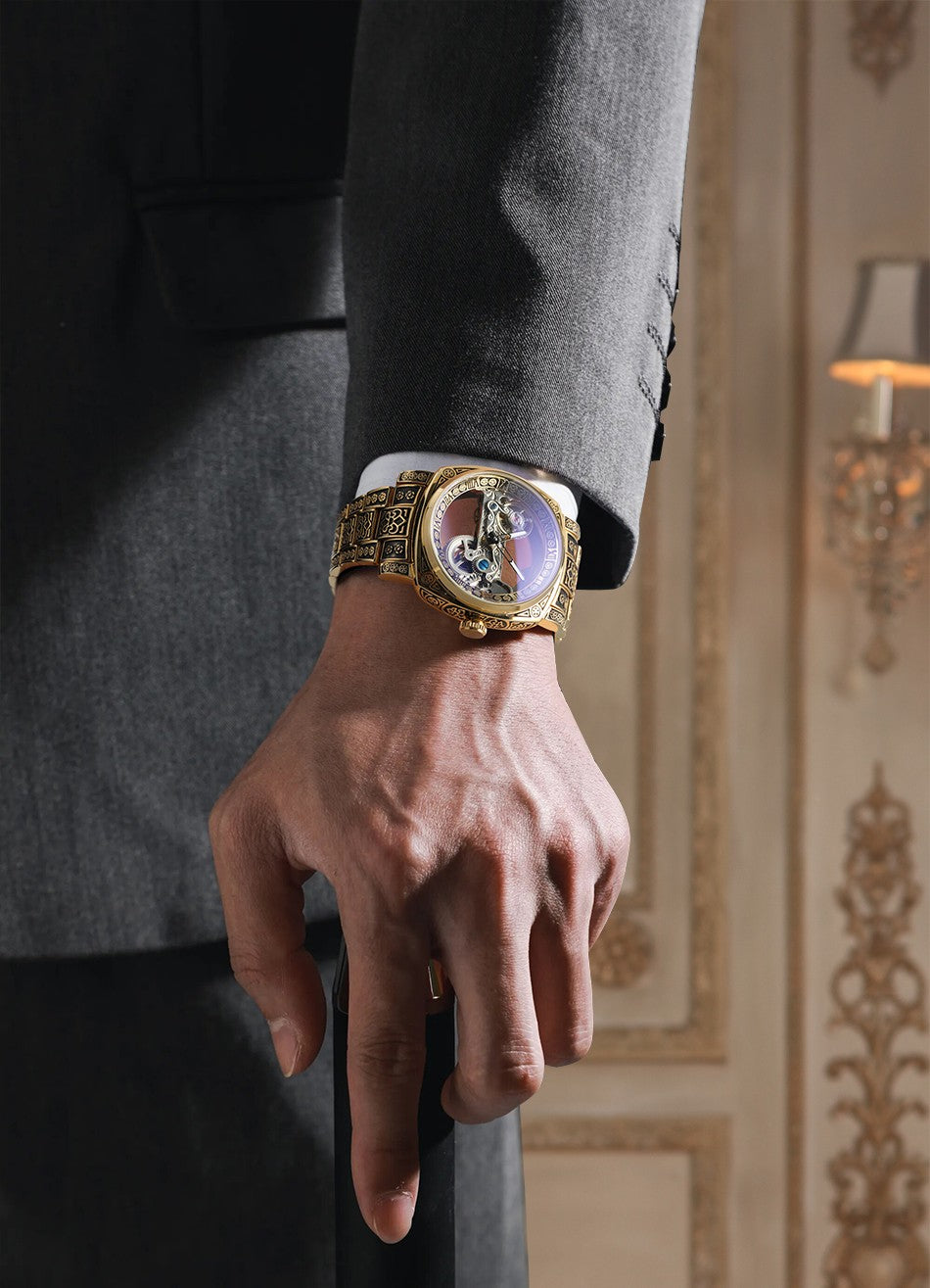 FORSINING High-end Luxury Gold Skeleton Mechanical Man Watch Automatic Movement Clock Stainless Steel Male Bronze Wrist Watches