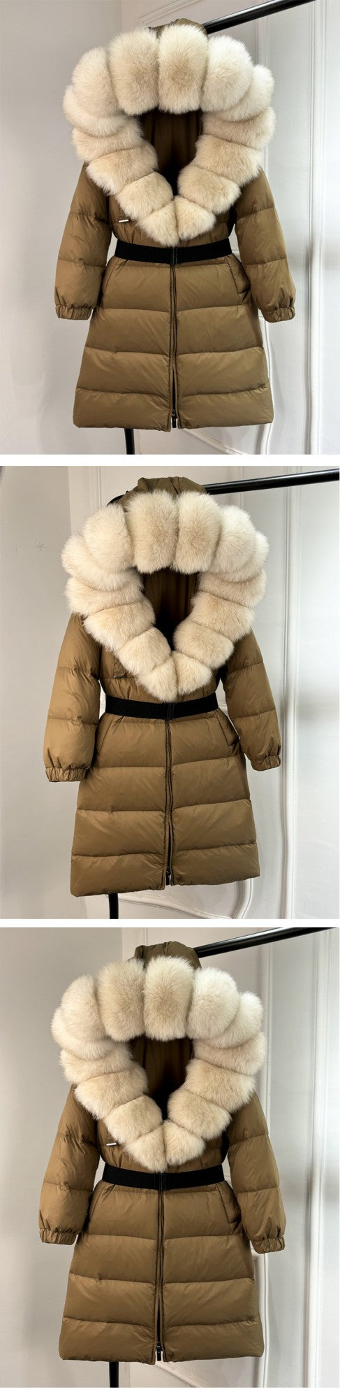 Janveny New Natural Thick Warm 90% White Duck Down Coat Long Winter Jacket Women Real Big Fox Fur Collar Belt Loose Puffer Parka