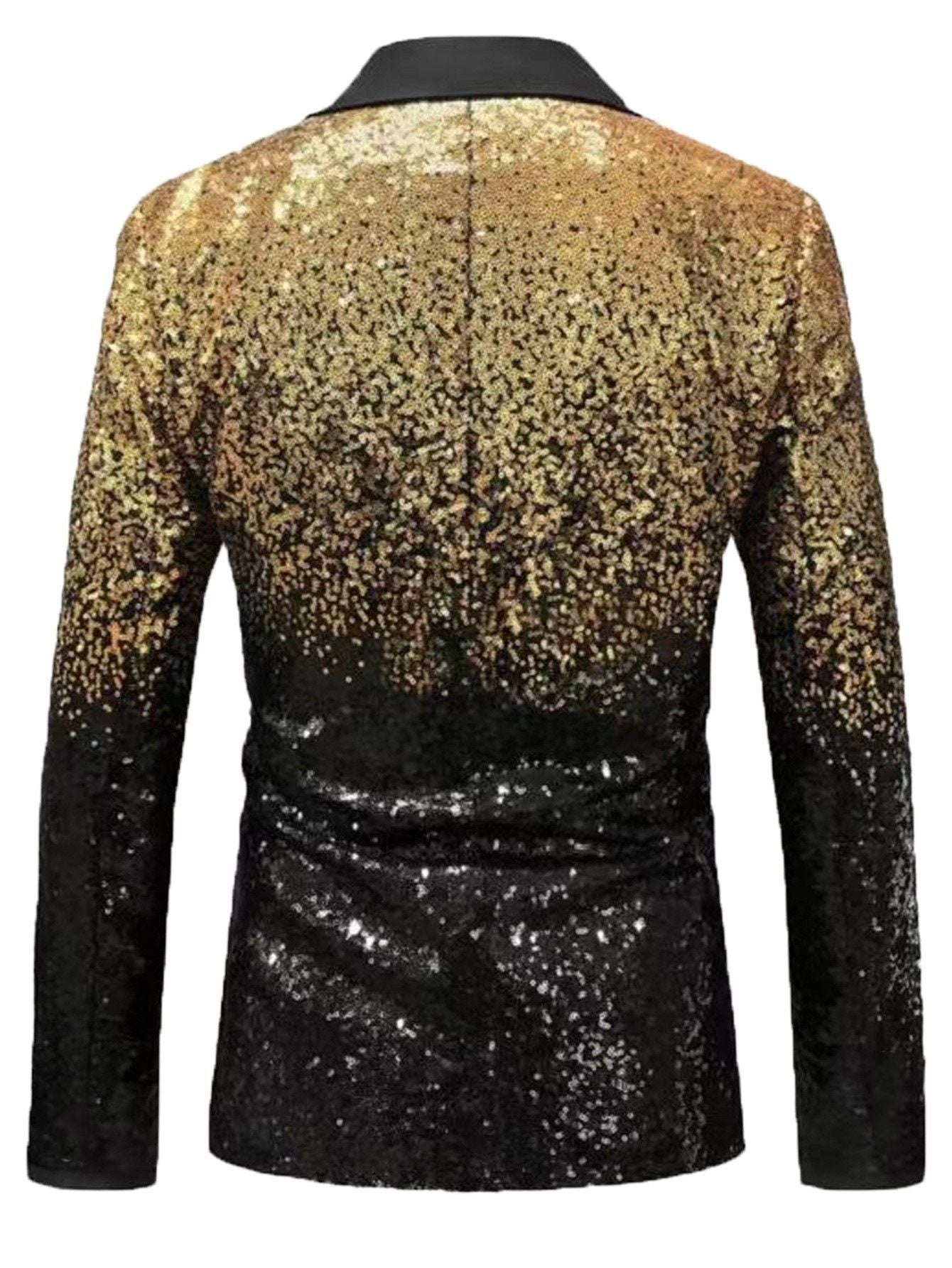 Shiny Sequin Tuxedo Jacket for Men - Royal Blue & Gold Gradient, Black Lapel, Formal Party/Wedding/Stage Wear? Coat.
