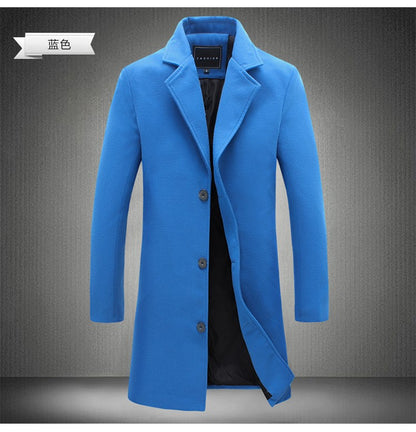 2025 Autumn Winter New Wool Men Long Cotton Coat Blend Pure Color Casual Business Fashion Slim Windbreaker Jacket Men Clothing