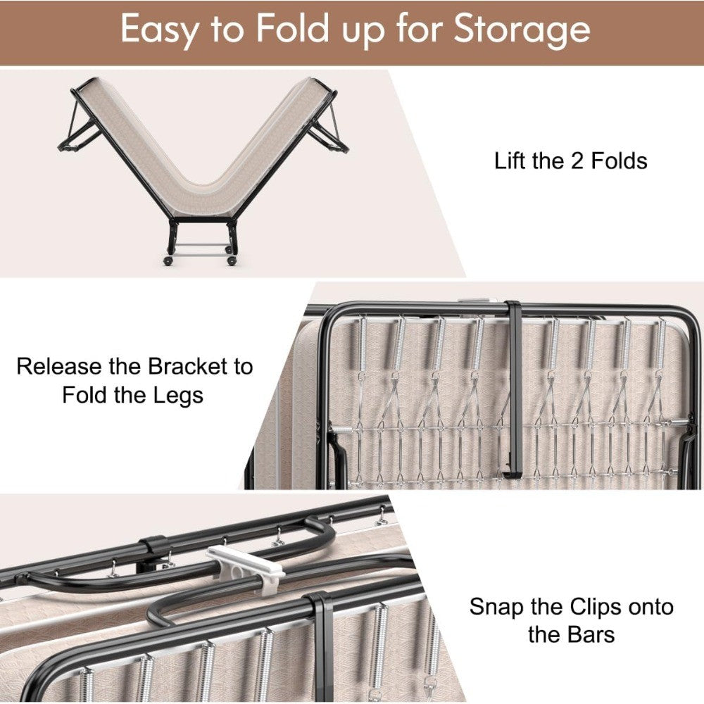 Portable Adult Guest Bed with 4-Inch Mattress and Four Wheels for Space-Saving Storage