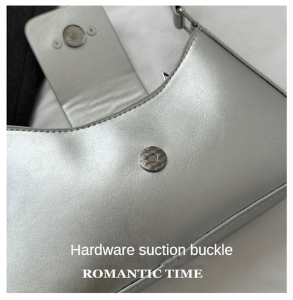 Silver Shoulder Bags for Women 2024 Classic Y2K Small Purse Glossy PU Leather Luxury Brand Female Underarm Handbags Daily Bag