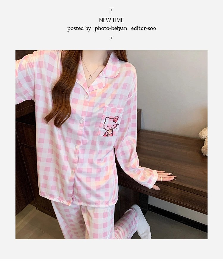 Hello Kitty and Plaid Pajama Set for Women Winter Checked Sleepwear Long Sleeve Home Outfit Autumn Loungewear Korean Fashion