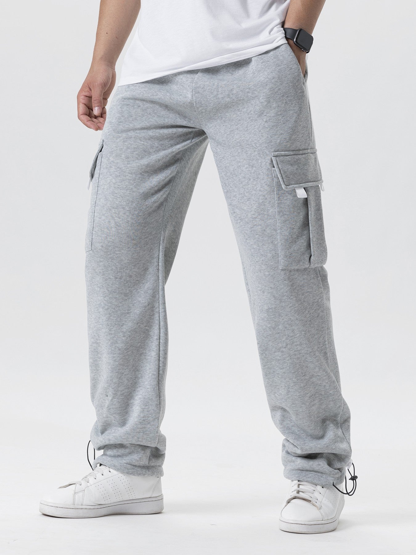 Calças de Moletom Masculinas Reta Casual Outono Inverno Calças Masculinas de Corrida Jogger Esportivas para Academia Calças Lisas com Vários Bolsos