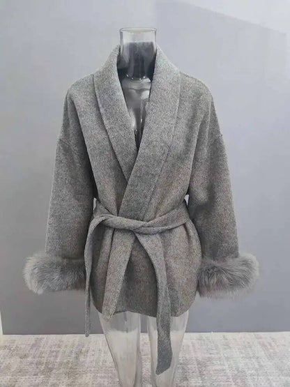 UCXQ Casaco Feminino Elegante OL para Escritório com Retalhos de Pelo Manga Comprida Lã Jaqueta de Roupa Feminina Bonita Outono Inverno 2025