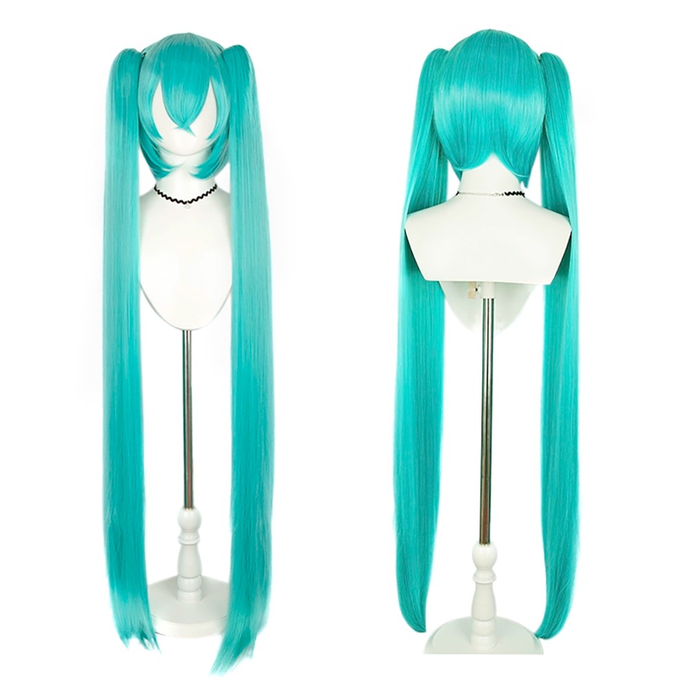 Peruca de Cabelo Sintético de Cosplay de Anime Miku de Alta Qualidade 116 cm de Comprimento com Rabo de Cavalo Duplo Destacável para Festa de Halloween e Carnaval Resistente ao Calor