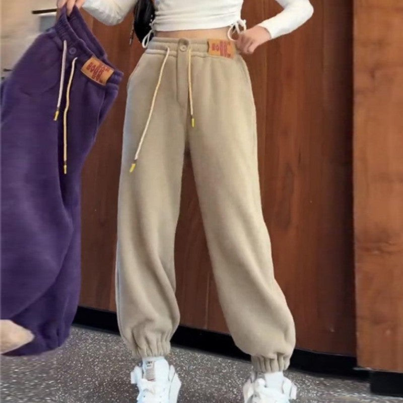 Solid Casual Thicken Women Corduroy Pants Lamb Fleece Padded Cashmere Warm Sweatpants Female Elastic Waist Soft Fur Trousers