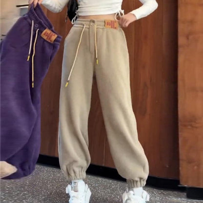 Solid Casual Thicken Women Corduroy Pants Lamb Fleece Padded Cashmere Warm Sweatpants Female Elastic Waist Soft Fur Trousers