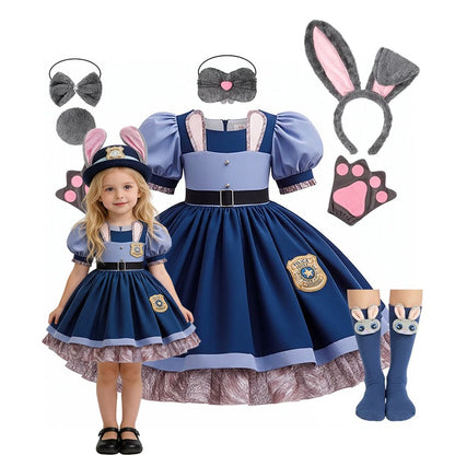 Kids Girls Cute Rabbit Police Officer Fancy Costume Dress Outfit for Halloween Cosplay Birthday Purim Carnival Stage Party Wear