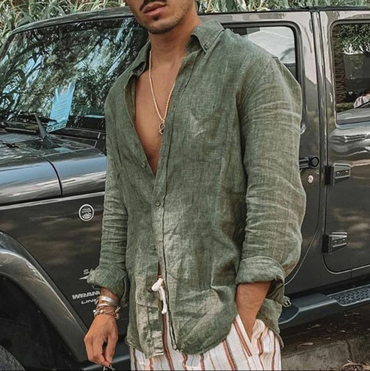 Men's new men's long sleeve buttoned cotton linen shirt lapel cardigan