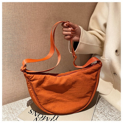 Solid Color Women's Portable Shoulder Bag Simple Female Nylon Cloth Padded Crossbody Bags Travel Purse Handbags Messenger Bag
