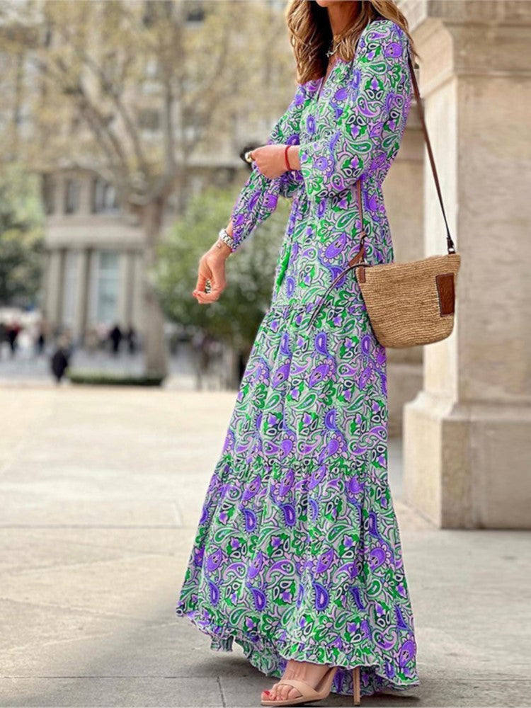 Women's Autumn New Fashionable Printed Sexy V-neck Long Sleeve High Waist Elasti
