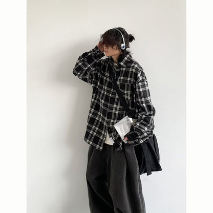 Japanese Cargo Shirt Men Women Vintage Black White Checkered Loose Long-sleeved Tops Spring Casual Lapel Unisex Oversize Shirts
