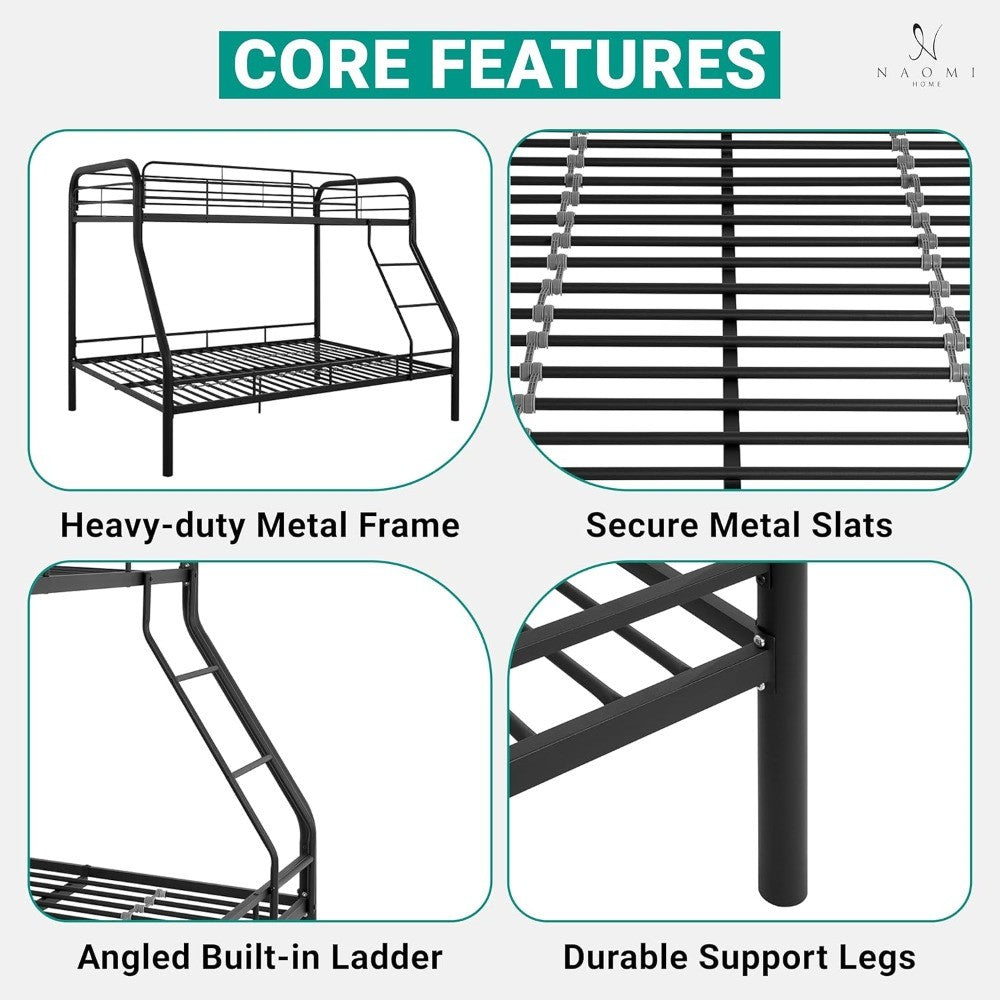 Twin Over Full Metal Bunk Bed with Safety Guardrails, 800 lbs Capacity, Angled Ladder, Underbed Storage, Black, Moder