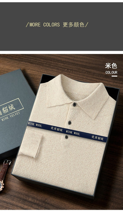 Autumn And Winter New Mink Cashmere Sweater Men's POLO Collar Thickened Loose Lapel Cashmere Long Sleeve Knit Bottoming Shirt