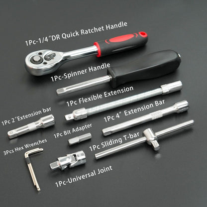 Caixa de Ferramentas com Catraca Combinada de 46 Peças para Reparos Automotivos, Kit de Ferramentas de Manutenção Automotiva para Veículos com Soquetes