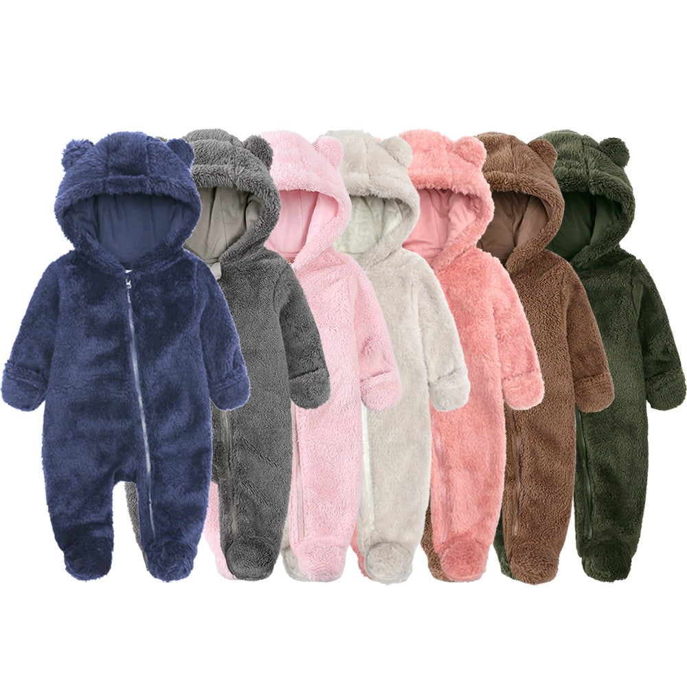 0-24M Baby Rompers Infant Clothes Winter Newborn Baby Boy Girl Zipper Bodysuit Bear Fleece Hooded Pyjamas