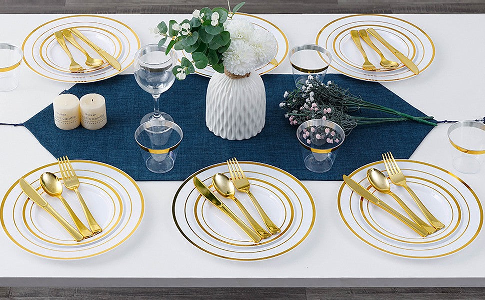 350-Piece Disposable Tableware Set For 50 Guests - Elegant Plastic Party Plates, Cups, Cutlery And Napkins, Heavy Duty, Great Fo