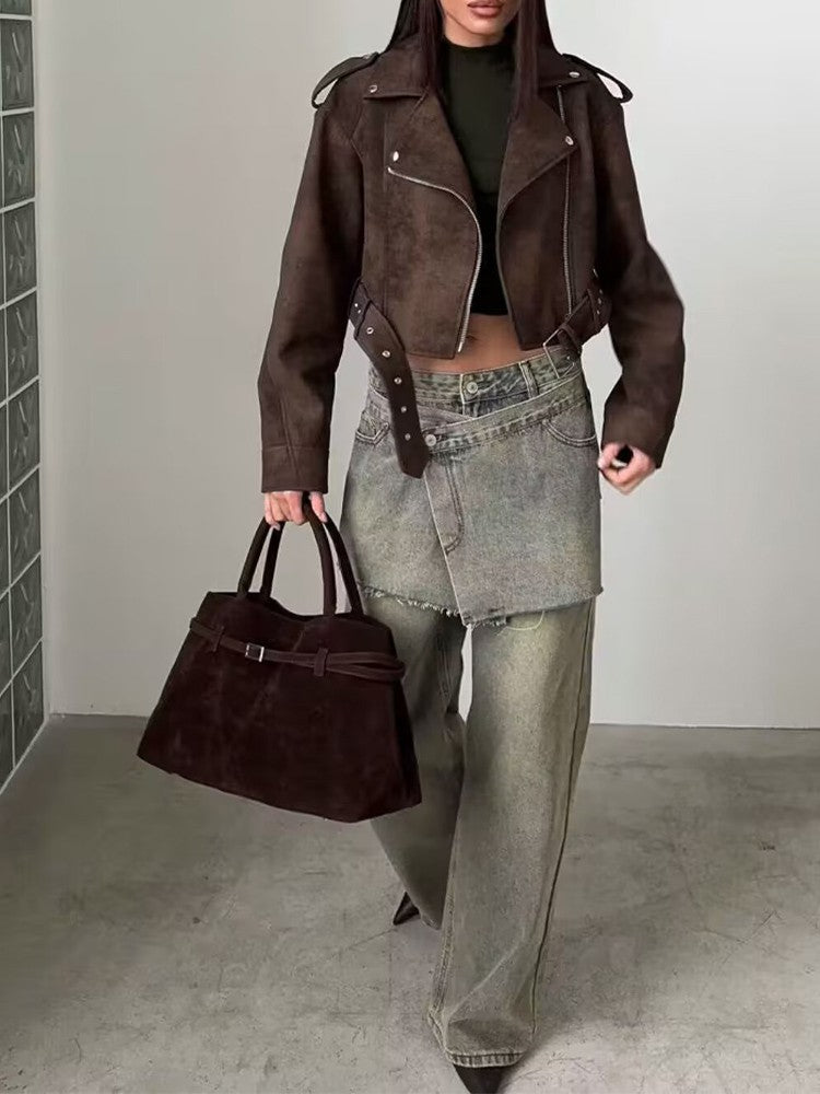 European style new women's fashion versatile temperament retro design velvet PU motorcycle jacket short coat