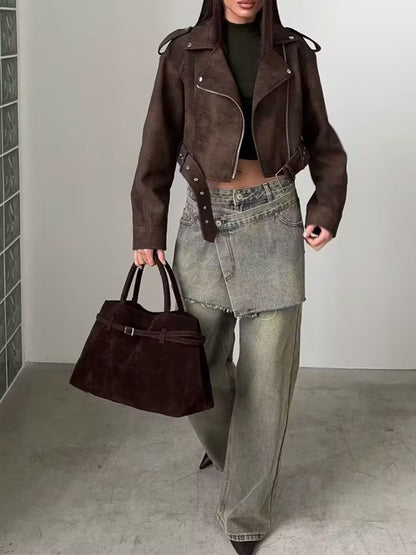 European style new women's fashion versatile temperament retro design velvet PU motorcycle jacket short coat